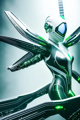 Cyborg symbiote, white color, green color, tendrils, high tech, cyberpunk, biopunk, membrane wings, carbon fiber