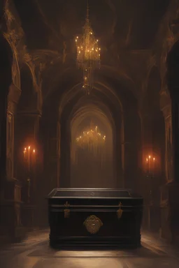 Toomb of the vampire Count Strahd Von Zarovich. Grand room, dark, black coffin made of polished ebony wood and brass.