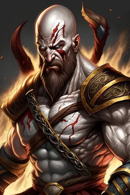 Generate a detailed and dynamic digital illustration of Kratos, the iconic character from the God of War video game series. Ensure that Kratos is portrayed in a powerful and imposing stance, wielding his signature weapon, the Leviathan Axe, with dramatic lighting that emphasizes his strength and determination. Pay attention to capturing the intricate details of his armor, facial expression, and any surrounding elements that enhance the epic and mythical atmosphere of the scene