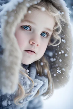 Lonely little girl with big innocent eyes and curly blonde hair and snowflakes in her hair. Lots of big snowflakes. Snowy landscape, smooth, elegant, fantasy, intricate, hyperdetailed, very cute, surreal, magical, snowflakes, Nikon D850