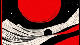 An abstract and ultra minimalist design poster by Moebius and Kuniyoshi of a red, black and white desert landscape.