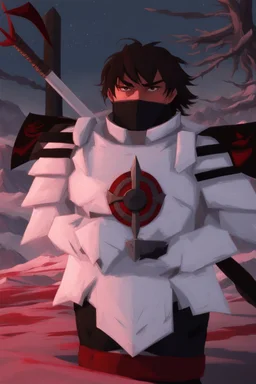 The character, in a striking white armour against a wintry backdrop stands with his hands behind his back inside the scene, he has a red and black circular symbol on his chest like a shield, a black pointed spear with a red handle on his back, His eyes are showing a dynamic expression and he wears a black oni mask with white teeth on it covering the bottom part of his mouth he has brown shoulder pads and a white belt with a bag attached to it. He has dark brown hair, he does not wear a helmet.