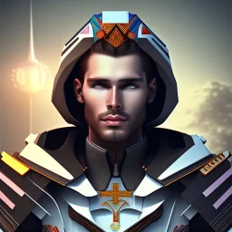 A handsome npc standing in front of a church, futuristic design, a paradise in background, close-up face, geometric armor, female face