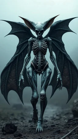 An unusual and surreal blend of organics anatomy and creatures structure of an weirds scars female bat ears winged fullbody escaping skull appearance. The scars female epic aesthetic walking on ground nightmares darkness lands. Very details and intriciate mechanicals fantasy surrealism.