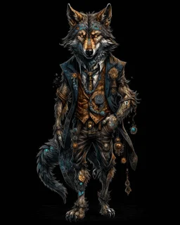 anthropomorphic wolf full body art illustration black background