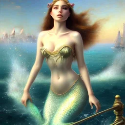 A beautiful portrait of haifa wahbi as a mermaid , leaning on a ships deck ,Rough sea in the background, (digitall art by Eugene de Blaas and Ross Tran, vibrant color scheme, highly detailed, in the style of romanticism, cinematic, artstation best quality, realistic lighting, masterpiece portrait, details light dusting , cowboy shot from above, simple chain hauberk Vector art digital illustration 3D shading )