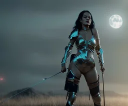 Rita ora, armor, longbow, holding arrow, long curly black hair, choker, hands, moonlight