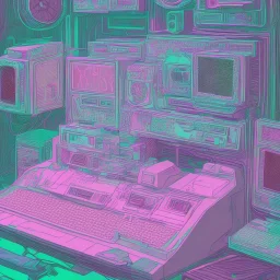 1980's aesthetic vaporwave computer in plain pink room