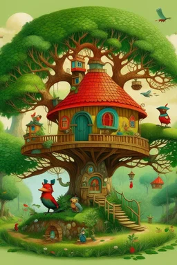 Une petite maison en bois, perchée au sommet d'un grand arbre aux branches robustes, au milieu d'une forêt dense et verdoyante. La maison a des fenêtres rondes, une porte rouge et une cheminée qui fume. Des oiseaux colorés et des écureuils curieux se promènent autour de la maison, tandis qu'un ruisseau scintillant coule à proximité.