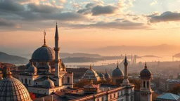 A symbolic image showing Turkey's culture as a bridge between Europe, Asia, and the Orient. Combine old and new: traditional domes, oriental ornaments, and tea with modern skylines and distant landscapes. Warm light, rich colors, harmony between tradition and modernity, no people, no text.