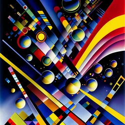 By Wassily Kandinsky: A lot of crystal clear water bubbles transparents in blue, red and yellow, falling over a great city. expressionist art.