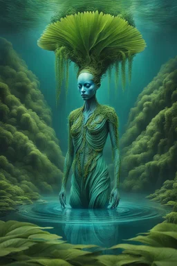 Ecological Art, plants, floating earths, long leaf tendrils, green colors and shades, in blue waters full body beauty mitical human-plants mutant meditates in stunning alien flora , cinematic, mistic mood