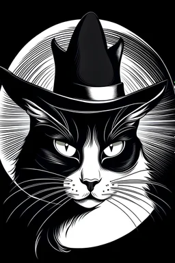 Create an image vector representing the timeless allure of a black cat with a striking white casque perched atop its head, symbolizing mystery, elegance, and a touch of whimsy that transcends generations