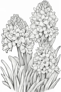 outline art for Spring: Hyacinths , White background. sketch style, clean line art, white background, no shadow and clear. White/black