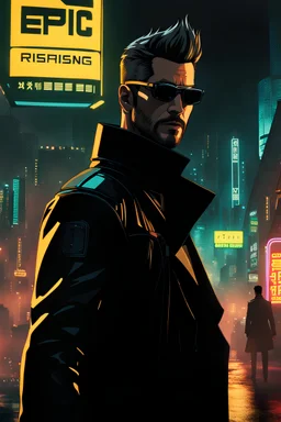 Adam Jensen in full black suit with black retro glasses, yellow neon sign, dark world, bladerunner background, style with cyberpunk aesthetics, rising smoke with epic cinematic moment, crazy tokyo signs background, epic views