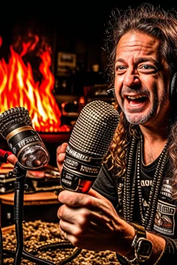 Man firestarter with a microphone in hand, hard rock man and metal radio host sleeping in the background