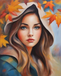Oil pastel style, oil pastel painting, painting style, painting of a beautiful girl, beautiful autumn, young girl, autumn in the background, oil pastel painting on cardboard, fine art, high quality