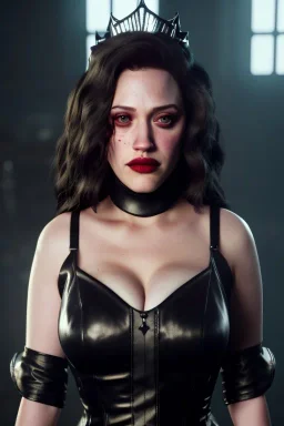 Kat Dennings as evil queen in black leather gown, cleavage, angry, stern look, unreal 5, octane render,cinema4d, dynamic lighting, dramatic lighting, 4k, redshift render, highly detailed, hyper realistic