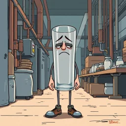 an very sad transparent drinking glas man with legs and shoes, working clothes, in a factory, nobody cares about the empty glas, that is why he is so sad :( , he had worked 30 years in the factory and never had a salary increase, tears in his eyes, simon stålenhag cartoon style