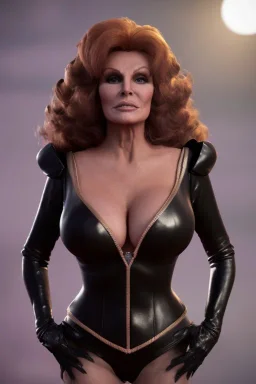 Raquel Welch as evil queen in black leather gown, angry, busty, curvey, cleavage, unreal 5, octane render,cinema4d, dynamic lighting, dramatic lighting, 4k, redshift render, highly detailed, hyper realistic