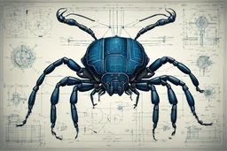 Hand drawn illustration , with detailed blueprints and engineering schematics of dark robotic Stag beetle, with highly detailed facial features, detailed drawings, and technical notation, 8k