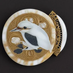 coaster of kingfisher ivory brooch with black pearl inlay, opalescent marble carving, decorative design, classical ornament, highly ornate, highly intricate, highly detailed etching, marble carving, warm lighting, linen backdrop