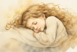 Small girl with long curly brown hair sleeping in god's hand (a big, clear hand) watercolor and ink, golden patina, glitters in ochre, backlit, mist and fog