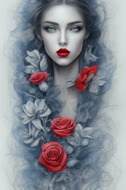 blue Pencil drawing of a woman with red lips and flower in hair on watercolor paper