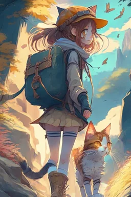 a girl and Cat on an Adventure, 4k, full detail, high resolution, digital art, anime, perfect drawing