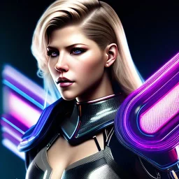 Katheryn Winnick, Cyborg anime warrior, cyberpunk, light black short hair, pixie hairstyle, cobalt eyes, waist up portrait, 8k resolution, retroanime, intricate details, neon details, soft lighting, vibrant colors, masterpiece, intricate eyeliner, dark eyeshadow, eyes, intricate tattoos, gradient background