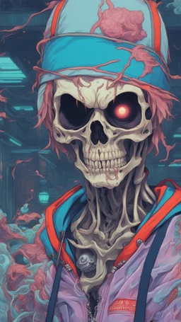 a close up of a person with a skull on their head, anime skull portrait man, scary detailed art in color, hiroyuki-mitsume takahashi, nychos art aesthetic, half man half skeleton, anime cyberpunk art, colored manga art, rossdraws pastel vibrant, cold colors. insanely detailed, beautiful anime portrait, stunning anime face portrait, scary art in color