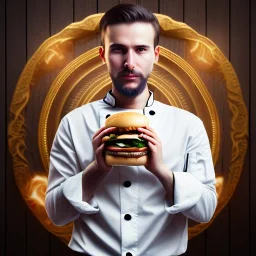  portrait of handsome man smoking a pipe wearing head band and golden watch, behind him another chef in front blurred dark wooden wall, huge tasty burger, shiny fork and knifes on dinner table with cloth, fantasy art book cover