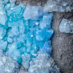 blue crystals, on an altar in a foggy cave