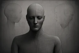 monochrome, cardboard figure on the left of the picture, stocky human figure with a head tilted to the left, almost no neck, no face or hair, schematic drawing, against a dark grey background with a symmetrical pattern, a lighter grey, almost monochrome, in moonlight, crayon drawing in shades of grey and black, ethereal, cinematic postprocessing