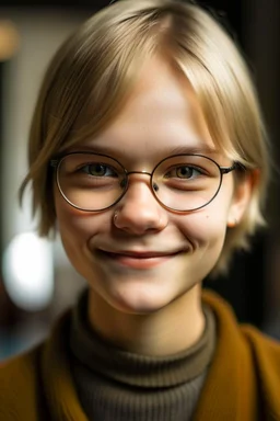 portrait of a 14 year old girl named Anna Petrov, friend of a main character of a youth novel, Slavic, full lips, blond short hair, glasses smiling