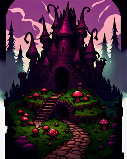 A frightening mushroom forest dungeon with a twisted bramble evil castle in the background