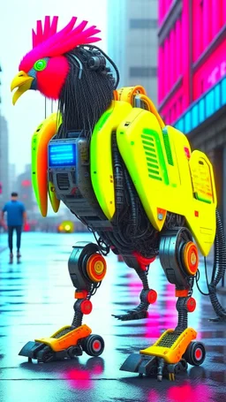 CHICKEN robot, sci-fi, cyberpunk, full body, ultra realistic, virtual reality, cyberpunk city and colors