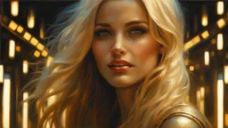 In Casey Baugh's evocative style, art of a beautiful young smiling blonde girl with long brown hair, futuristic, scifi, intricate, elegant, highly detailed, majestic, Baugh's brushwork infuses the painting with a unique combination of realism and abstraction, greg rutkowski, surreal gold filigree, broken glass, (masterpiece, sidelighting, finely detailed beautiful eyes: 1.2), hdr, realistic painting,