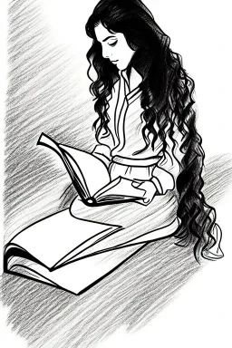 Pencil sketch of Young woman, Arab features,sad, long wavy hair, reading a book, full body، on lined paper