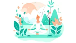 Create a Big and bold illustration with white background for a yoga and well-being website. Use a soothing color palette and depict a tranquil yoga scene with a yogi in several yoga poses surrounded by nature.