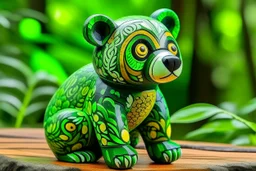 A lime green nature elemental panda designed in Oaxacan Alebrijes painted by Georges Seurat