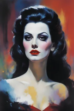 Annabella Lugosi as Dracula - with a single white streak in her hair, extremely colorful, multicolored paint splattered wall in the background, oil painting by Frank Frazetta