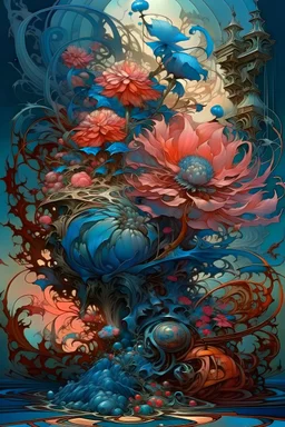 Fantastic big exotic flowers, watercolor ink, intricate, magical, in the style of James Jean, Brian Froud, Yana Movchan, Zdzisław Beksinski, Hieronymus Bosch, hyperdetailed, sharp focus, intricate, concept art, digital painting, ambient lighting, 16 k, trending on artstation, hyper quality, highly detailed, fantasy, beautiful, colourful.