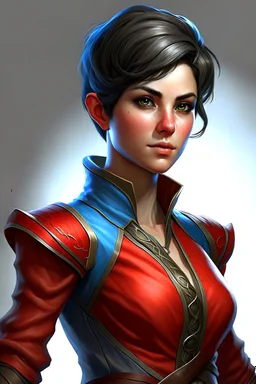 create an adult female air genasi from dungeons and dragons, black short hair, light blue eyes, wind like hair, wearing red leather clothing, realistic, from waist up, digital painting, high resolution