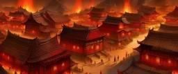 An orangish red Eastern village with torches designed in Heidrun manuscripts painted by Cai Jia
