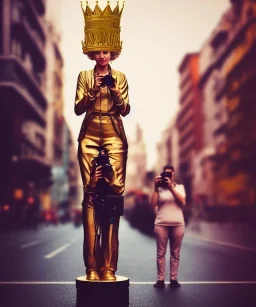 Statue of Queen of photography. Cute blonde woman. Photographer in golden crown. Standing on the street. Big camera in her hand. hyperdetailed, photorealistic, trending on artstation, greg rutkowski, beksinski, kodachrome, lomography, golden hour, bokeh, volumetric light