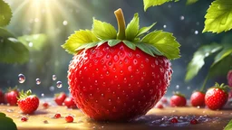 ((masterpiece:1.3,concept art,best quality)),very cute appealing anthropomorphic strawberry,looking at the viewer,big grin,happy,fruit,berry,droplets,macro,sunlight,fantasy art,dynamic composition,dramatic lighting,epic realistic,award winning illustration