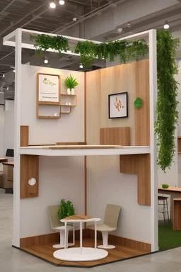 Corner exhibition stand in light colors with wood elements and greenery with two meeting areas