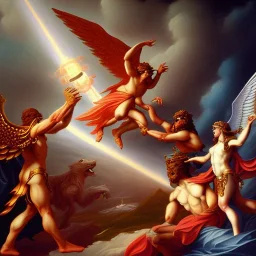 The winged messenger Hermes delivering a message to Zeus but Zeus is a Hydra. Medusa and the Minotaur are fighting in the background. High definition oil painting.