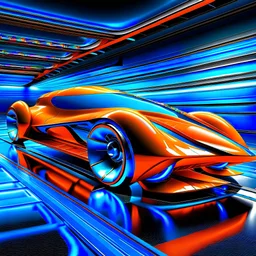 award winning car and driver photograph of a futuristic station wagon designed by only one vehicle per image painted metallic orange traveling at a high rate of speed, jet intake off of front center of vehicle and jet exhaust out the rear with bright blue flame, bilaterally symetrical, more a high speed road vehicle